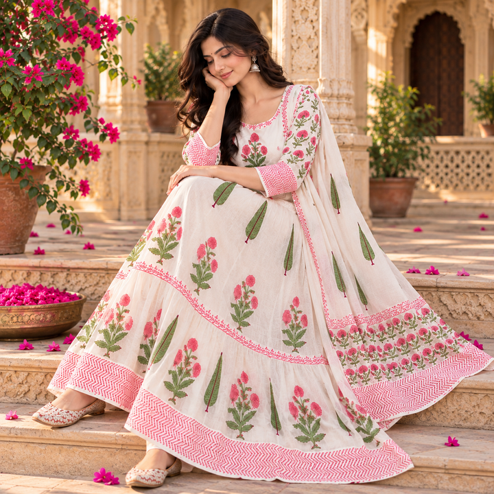 Pink Gulmohar Bloom – 100% Cotton Handblock Printed Salwar Suit Set