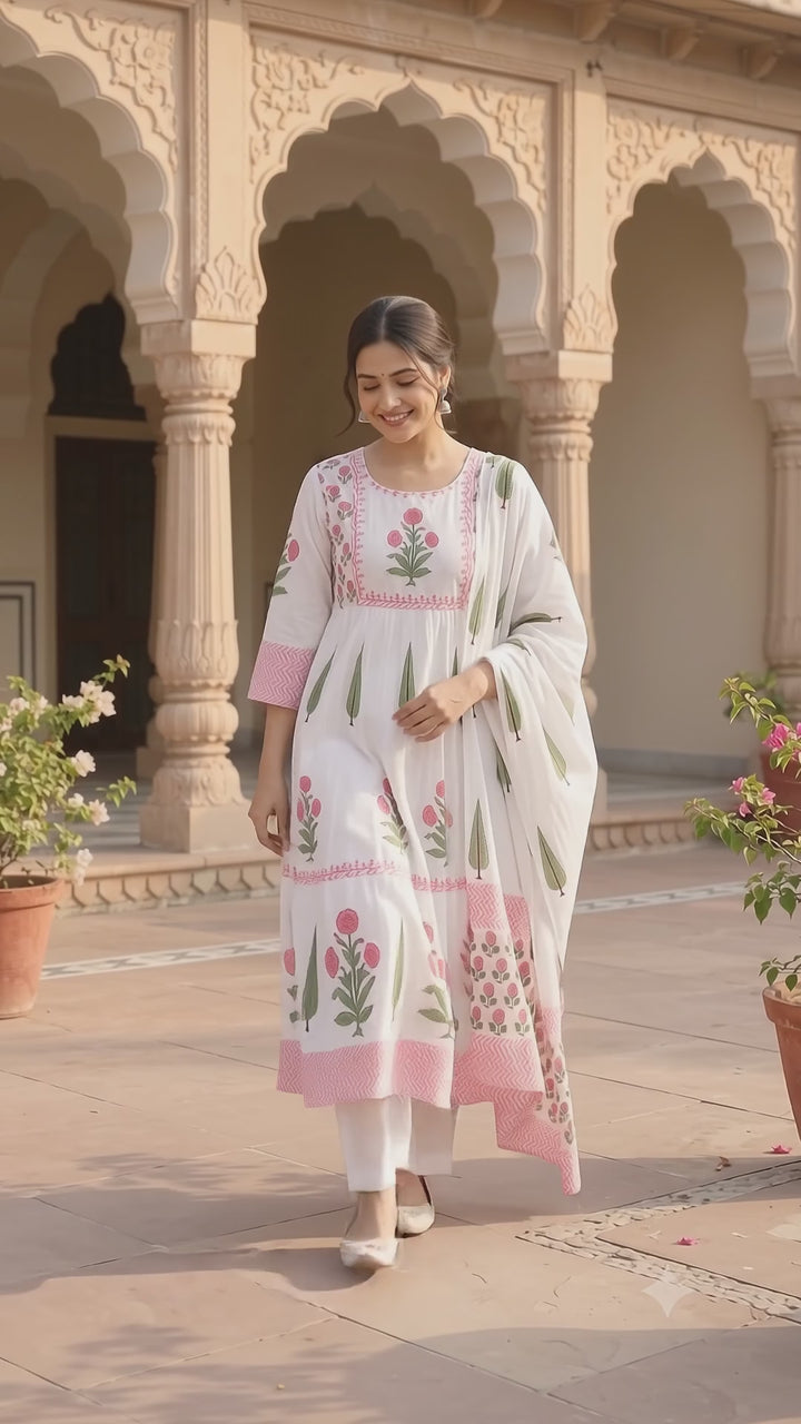 Pink Gulmohar Bloom – 100% Cotton Handblock Printed Salwar Suit Set