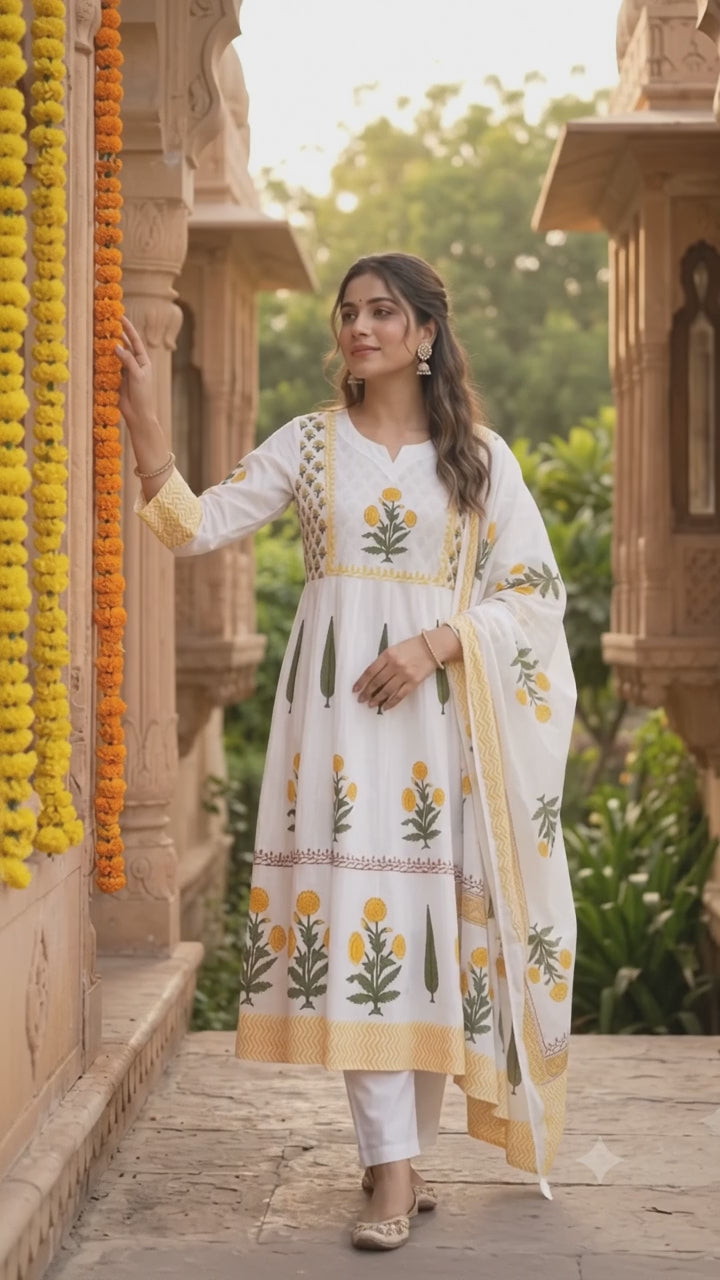 Marigold Meadow – 100% Cotton Handblock Printed Salwar Suit Set