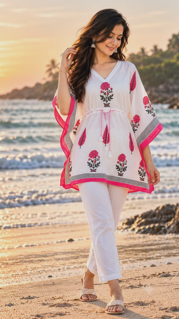 Pink Petals Handblock Printed Kaftaan